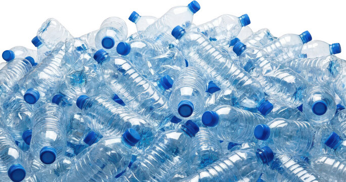 A large pile of empty clear plastic water bottles with blue caps symbolizing waste and recycling on a white surface plastic bottles empty bottles plastic waste pollution clutter