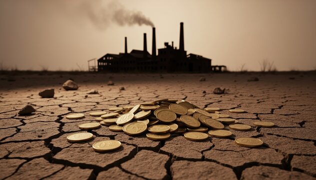 The Cost of Progress: An evocative composition that juxtaposes a factory belching smoke, symbolizing industrial activity, with a pile of gold coins atop cracked earth.