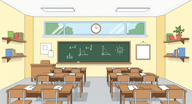 A well-organized classroom with desks, a chalkboard, and shelves