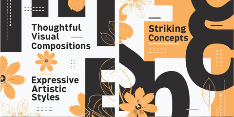 Abstract geometric composition with floral elements and typography © Achinta
