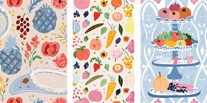 Floral fruit and vegetable pattern vibrant watercolor illustration