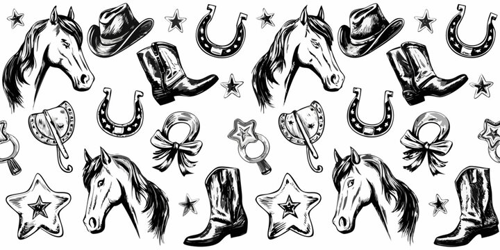 Western cowboy themed illustrations with horses boots and stars