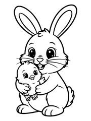 Fototapeta premium Easter Bunny's Embrace: A heartwarming illustration of an adorable Easter bunny tenderly holding a fluffy chick, celebrating the joy of spring.