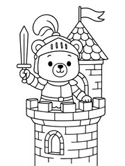 Obraz premium Brave Knight Bear in Tower: A courageous bear in shining armor, brandishing a sword, stands guard atop a medieval tower, ready to defend its kingdom. 