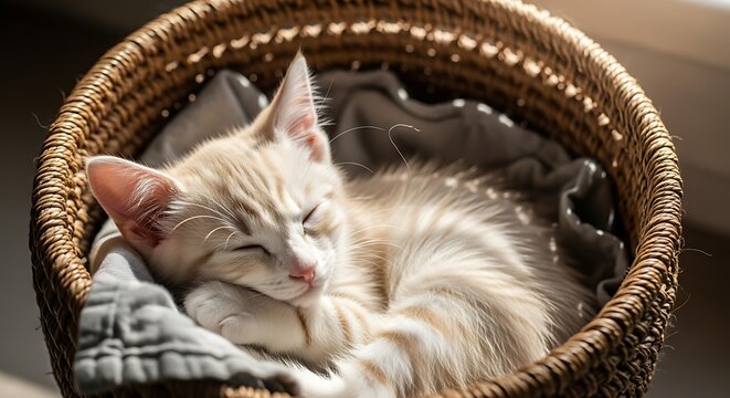 Sleeping kitten in wicker basket bathed in sunlight soft textures
