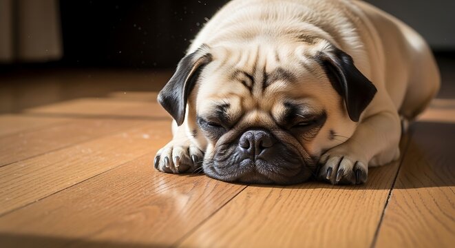 Sleeping pug dog resting on wooden floor in warm sunlight