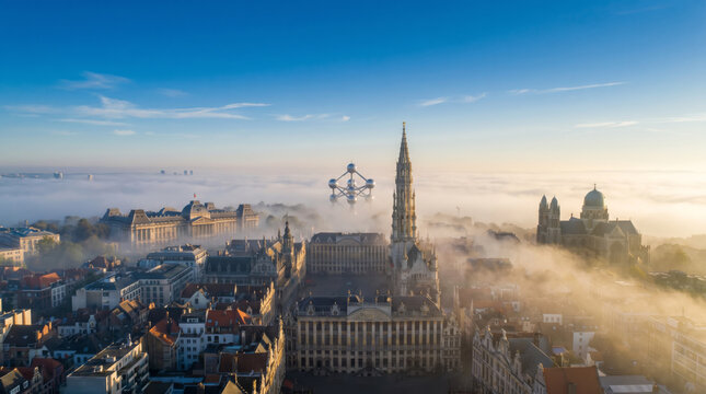Aerial view of Brussels Grand Place shrouded in morning fog with the Atomium visible in the distance.