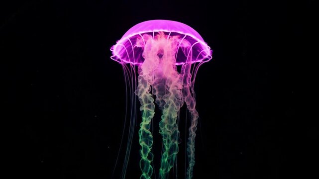 ライオンズメーンクラゲが鮮烈なピンクと緑に発光する縦パン神秘映像