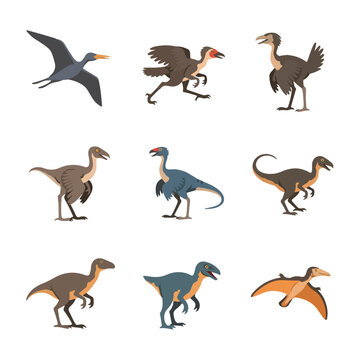 Set of nine flat vector illustrations depicting prehistoric feathered dinosaurs, proto-birds, and flying pterosaurs including winged reptiles and bipedal theropods on white background.