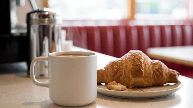 Morning coffee and fresh croissant on table at a diner
