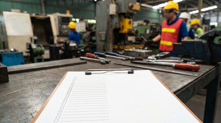 Fototapeta premium Clipboard with checklist and tools on a workbench in a manufacturing facility
