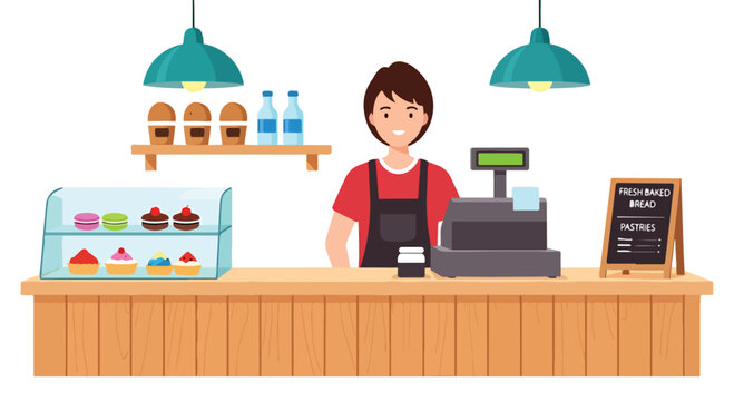 A bakery worker standing behind a counter