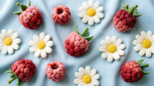 Textured felted raspberries and chamomile flowers on wrinkled blue silk-like fabric. Elegant still life for botanical crafts, feminine aesthetics, or luxury handmade branding.