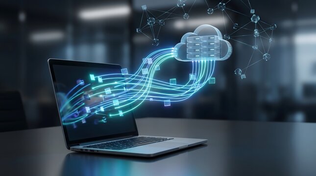 Cloud computing and data transfer concept with laptop