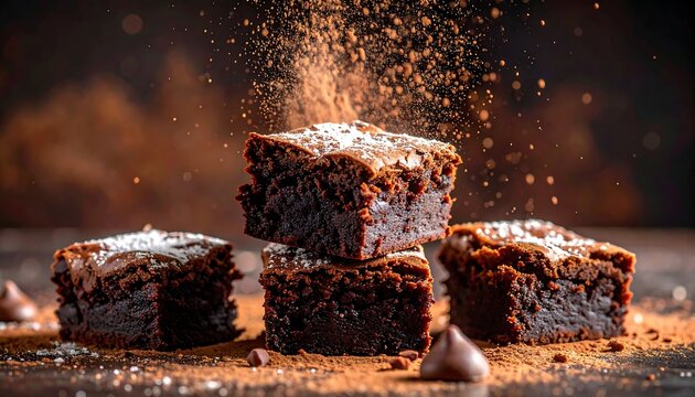 Stacked brownies dusted with cocoa powder