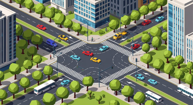 Busy city intersection with traffic and pedestrians crossing streets.