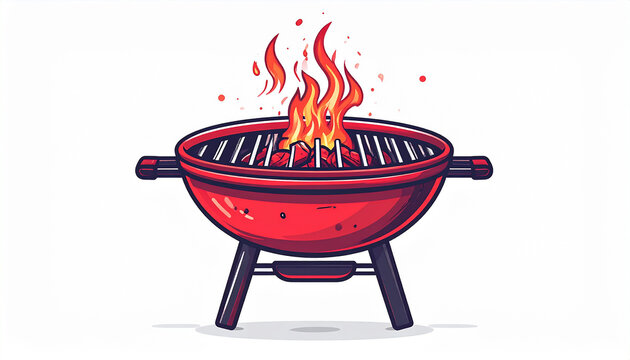 Red barbecue grill with hot flames and embers on white background. barbecue grill, BQ