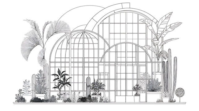 Botanical Garden Greenhouse Structure with Diverse Plant Life.