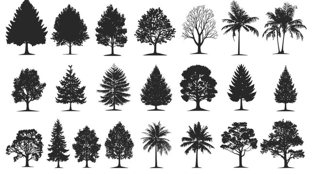 Collection of Diverse Tree Silhouettes in Various Styles.
