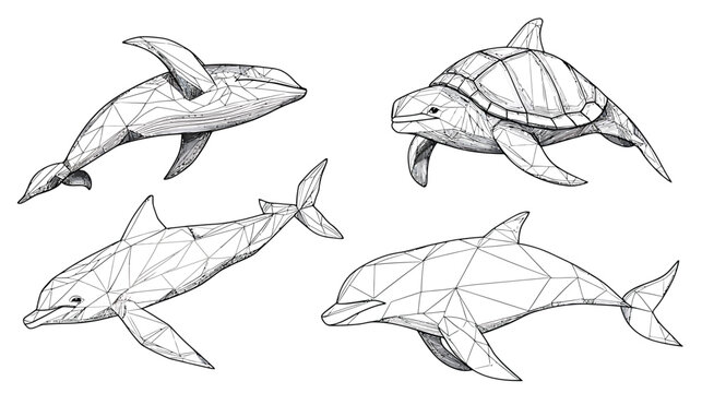 Collection of HandDrawn Marine Animals in Sketch Style.