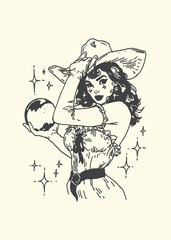 Obraz premium Esoteric illustration of a woman in a cowboy hat holding a crystal ball with esoteric mystical divination astrology prediction illustration