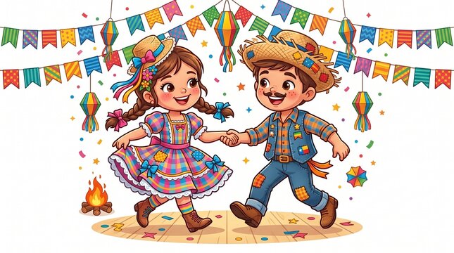 Happy S&atilde;o Jo&atilde;o Cartoon Couple Dancing Festa Junina Illustration Isolated