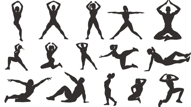 Collection of Silhouettes Representing Various Fitness and Yoga Poses.