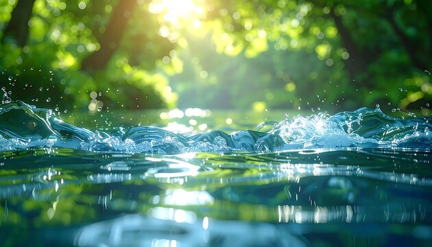 Sunlight streams through a forest, illuminating a shallow river