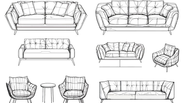 Collection of Sofa and Armchair Sketches for Interior Design.