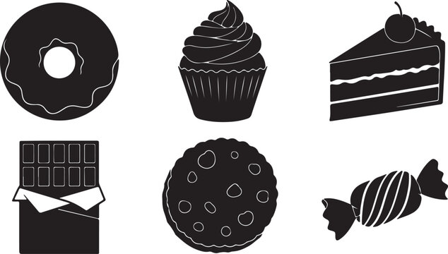 Black silhouette dessert icons set, sweet food vector collection with donut and cupcake, chocolate bar and cookie illustrations for bakery menus