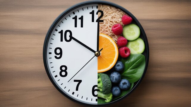 Intermittent fasting concept with clock and healthy food plate