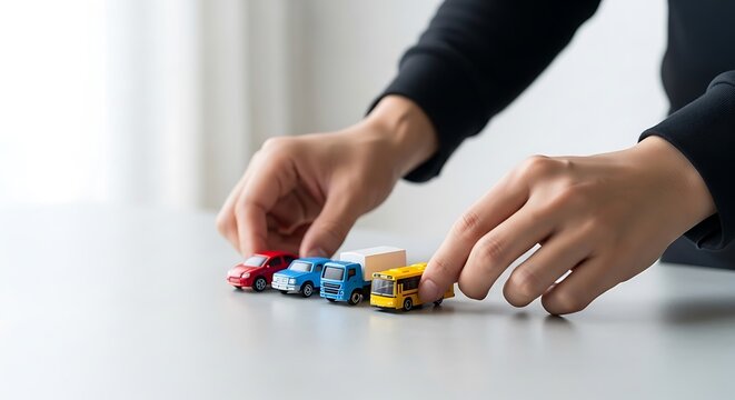 Hands organizing a fleet of miniature toy vehicles on a table