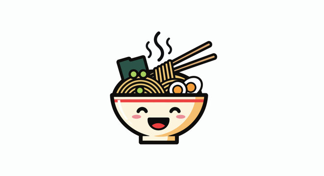 Adorable cartoon ramen bowl icon featuring steaming noodles, a happy face, chopsticks, and traditional toppings like egg and seaweed, perfect for Asian cuisine themes