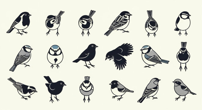 Collection of Small Birds in Various Poses and Styles.