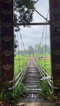 POV Walking on Suspension Bridge with Scenic Nature View and Adventure Travel Experience
