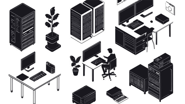 Isometric illustration of a modern office server room setup.