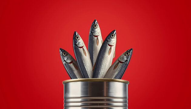 A can of several small fish on red background