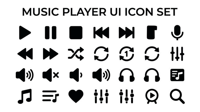Untitled Set of 28 music player UI icons in flat black design. Features play, pause, stop, next, previous, shuffle, repeat, volume, headphones, playlist, equalizer for media app and website.