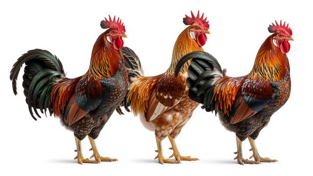 A colorful domestic rooster with a red comb and vibrant feathers stands isolated on a white background, representing a proud farm bird and poultry livestock in a rural agriculture setting
