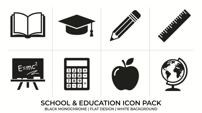 UntitledSet of 8 school and education icons in black monochrome style. Features book, graduation cap, pencil, ruler, blackboard, calculator, apple, globe. For e-learning, school, and academic project.
