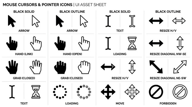 UntitledComplete UI asset sheet of mouse cursors and pointer icons. Includes arrow, hand, text, resize, loading, grab, move, forbidden in solid and outline style. For web and software design.