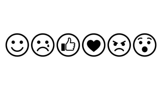 UntitledCollection of 6 emoji reaction icons in outline style. Includes happy, sad, like, love, angry, surprised. Ideal for social media, chat app, rating, and customer feedback UI.
