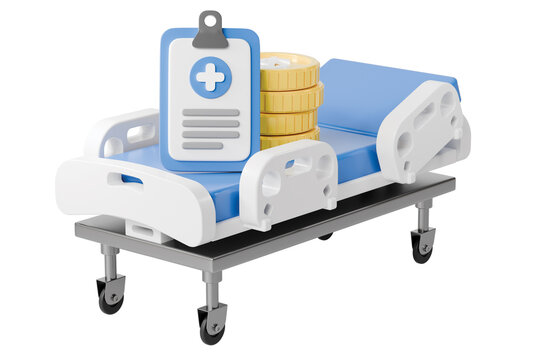 3d hospital bed coin clipboard icon. medical insurance concept. minimal cartoon patient bed gold chart cross for healthcare finance web app. isolated on white transparent background. 3d render.