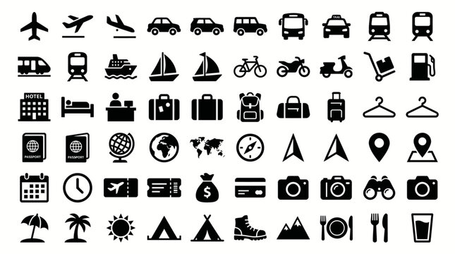 UntitledComplete pack of 60 travel and tourism icons in black silhouette. Includes airplane, car, train, ship, hotel, passport, luggage, camera, beach, map. For travel agency and booking app.