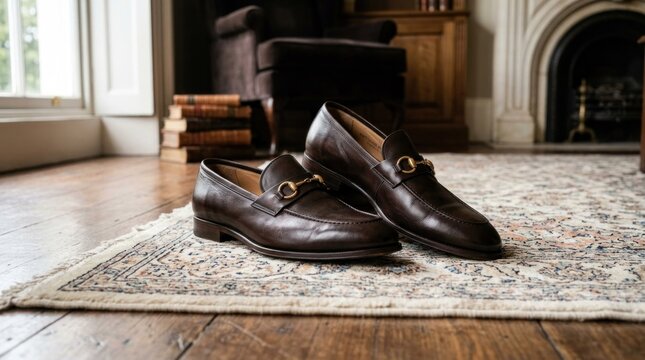 A pair of dark brown leather loafers with a gold-toned horsebit strap, 