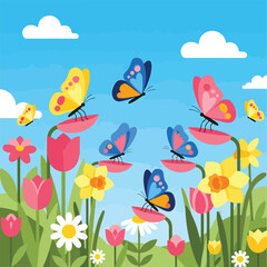 Colorful butterflies fly around vibrant flowers © Rahmat