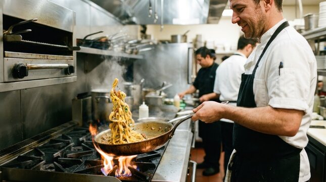 Chef tossing handmade pasta in copper pan