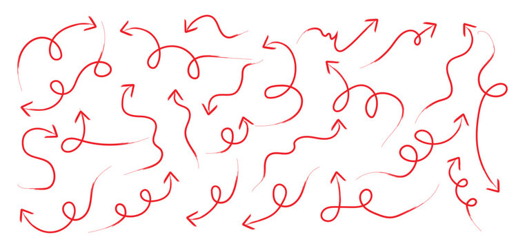 Set of red hand drawn grunge doodle spiral and curved charcoal, chalk arrows on white background.  Brush, marker drawn thin arrows set. Hand drawn doddle arrow set. Charcoal hand drawn pencil arrows.