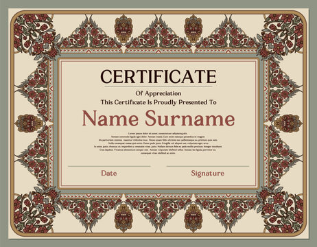 Vintage Floral Certificate Template with Balinese and Javanese Ornaments and Barong Mask