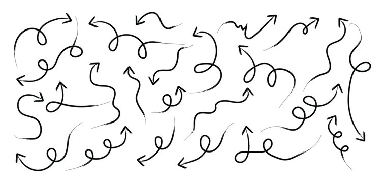 Set of black hand drawn grunge doodle spiral and curved charcoal, chalk arrows. Brush, marker drawn thin arrows set. Hand drawn doddle arrow set. Charcoal hand drawn pencil arrows.Vector illustration.